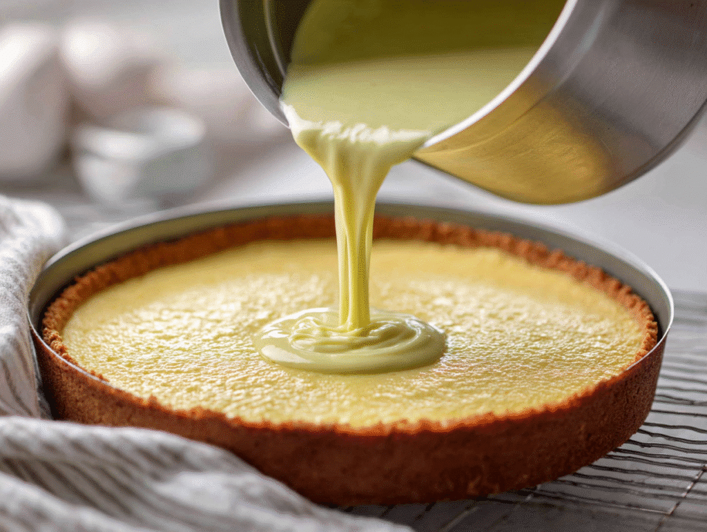 Pouring lime filling onto crust