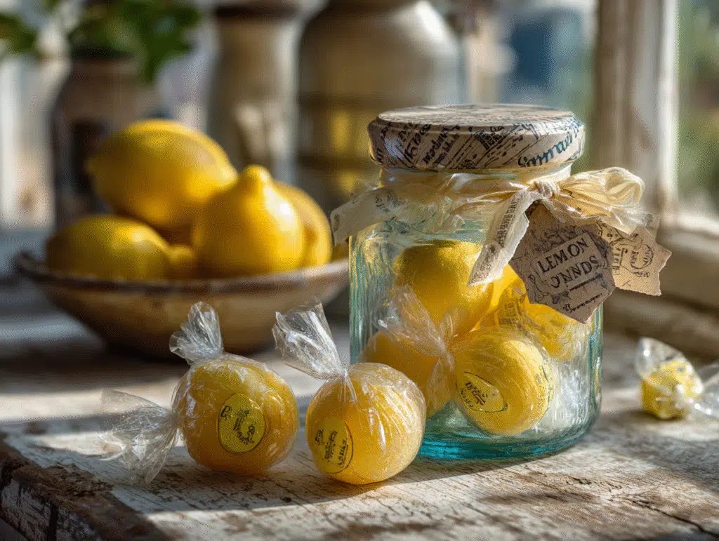 Jar of homemade lemon drops ready to serve