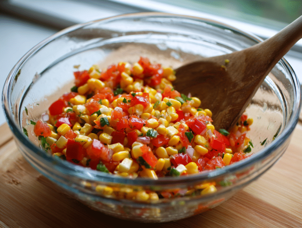 Mixing corn salsa in a bowl