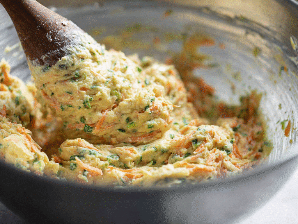 mixing zucchini carrot muffin batter