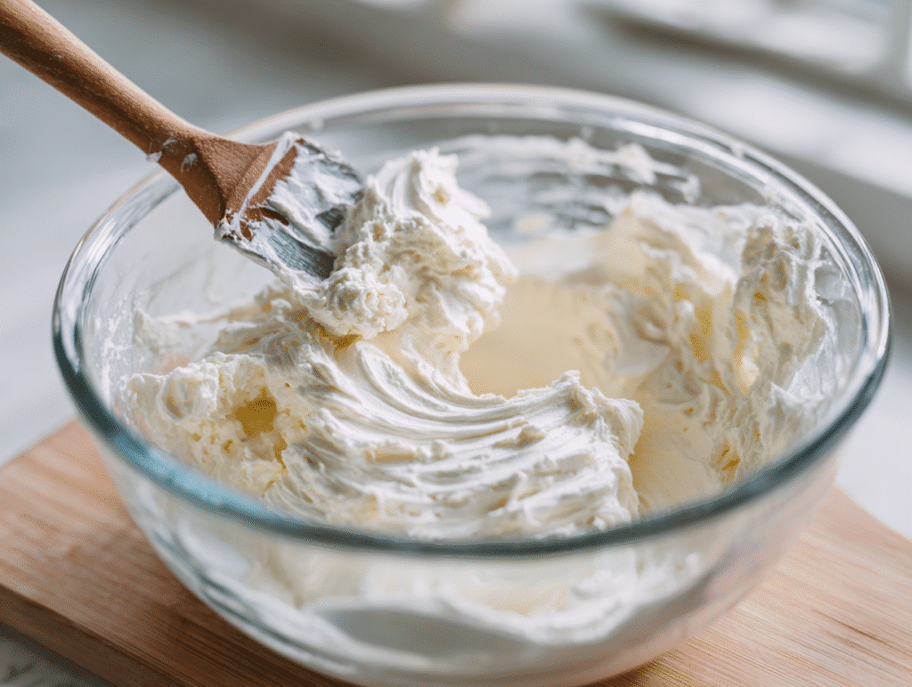 Mixing coconut cream and cream cheese for cheesecake