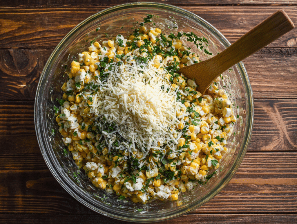 Mixing summer street corn salad with cotija