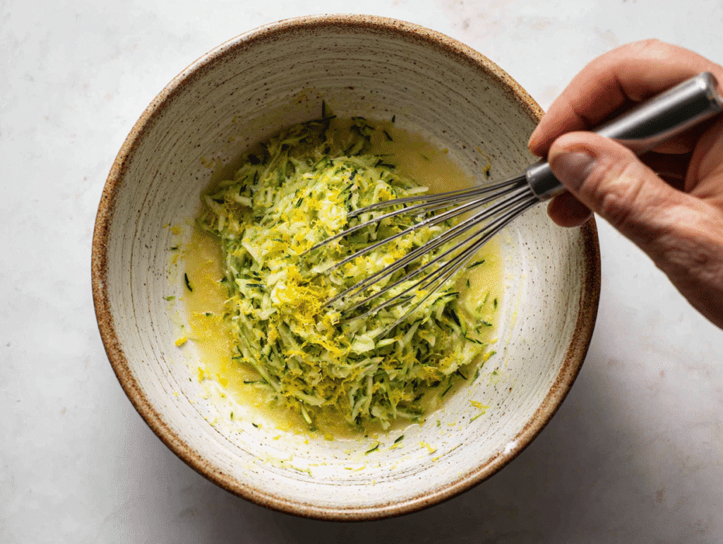 Mixing zucchini and lemon for quick bread