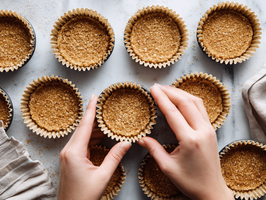 Muffin tin with pressed graham cracker crusts