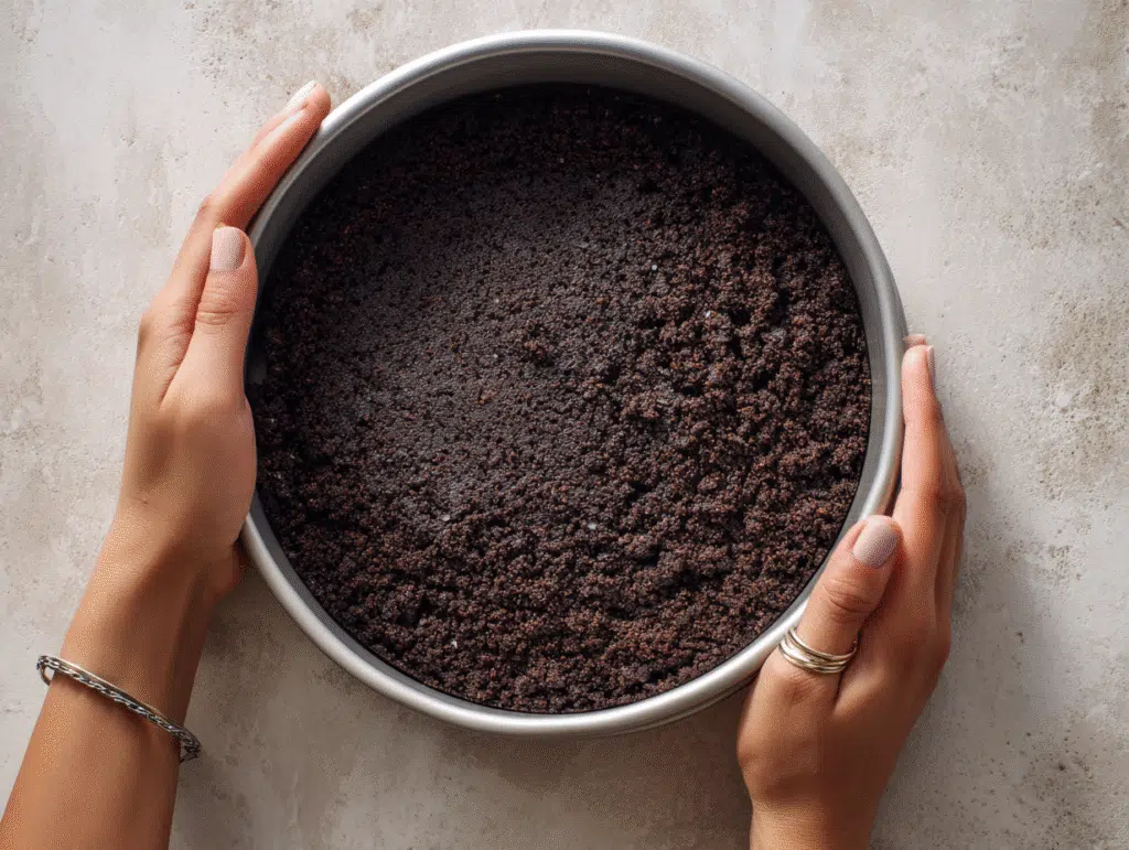 Pressing Oreo crust into cheesecake pan