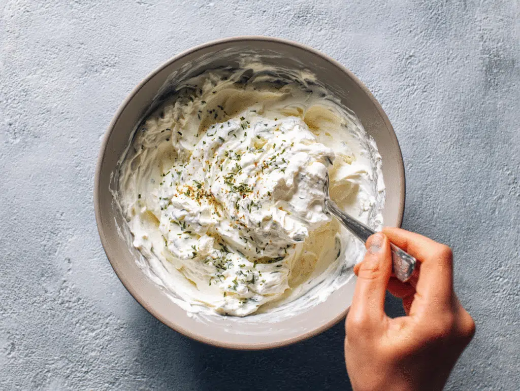 Mixing creamy skinny dip with ranch seasoning