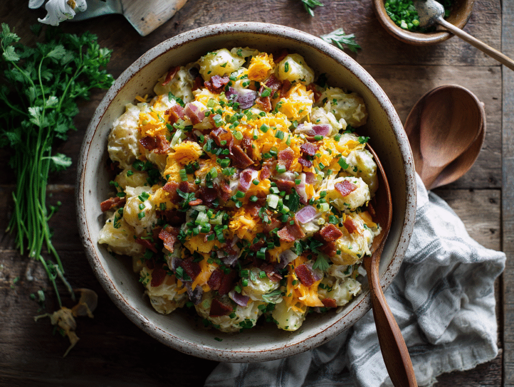 Ingredients for loaded potato salad laid out on neutral background