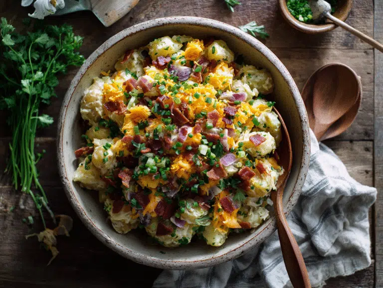Ingredients for loaded potato salad laid out on neutral background
