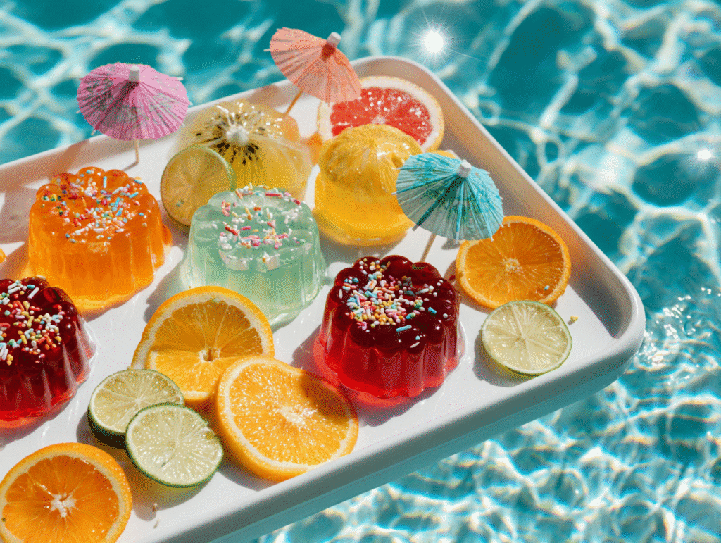 Colorful pool party jello shots with sprinkles by the pool