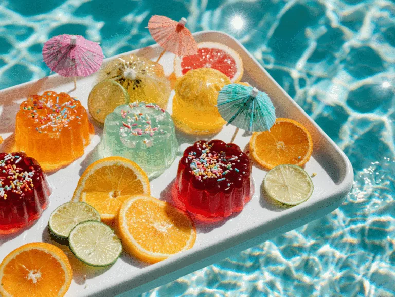 Colorful pool party jello shots with sprinkles by the pool