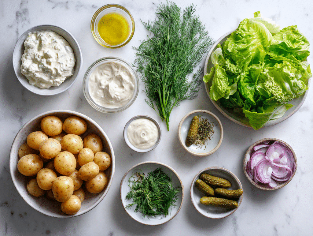 Ingredients for smashed potato salad including Yukon golds, mayo, yogurt, pickles