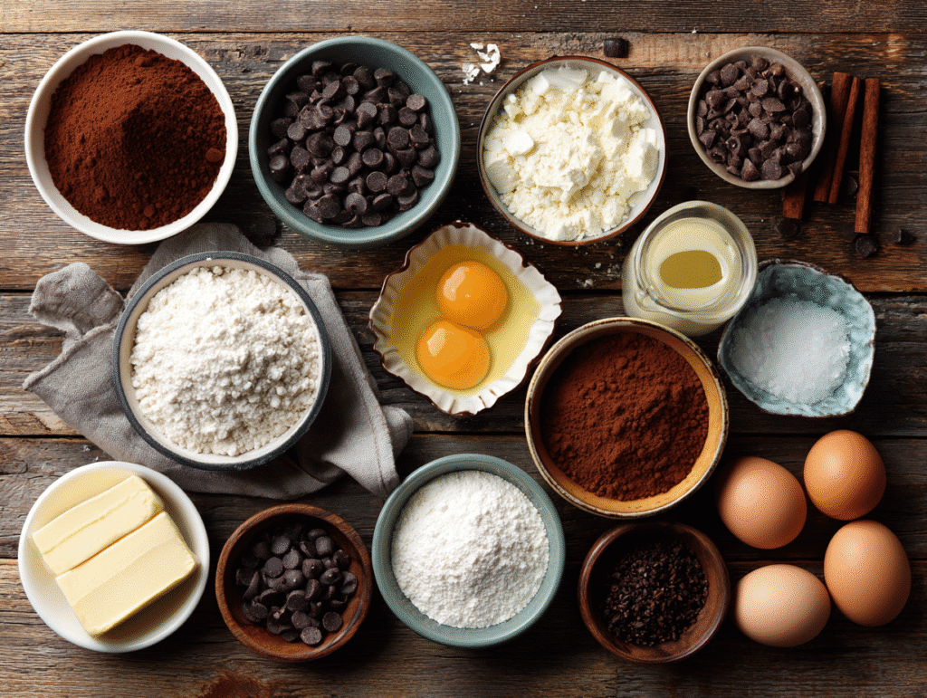 Brownie cookie dough ingredients in bowls