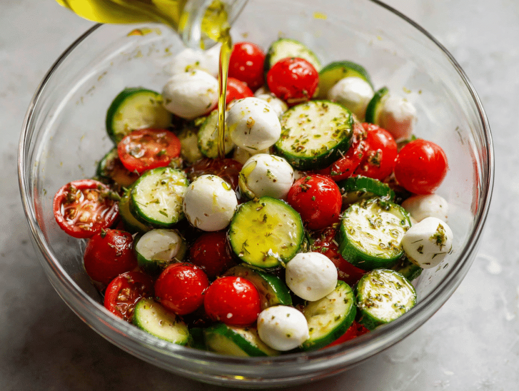 tossing cucumber mozzarella and tomatoes in a bowltossing cucumber mozzarella and tomatoes in a bowl