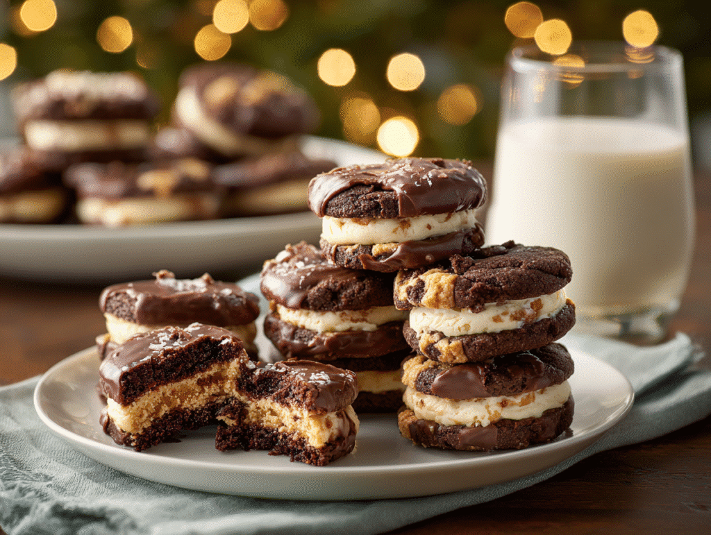 Finished brownie sandwich cookies served	
