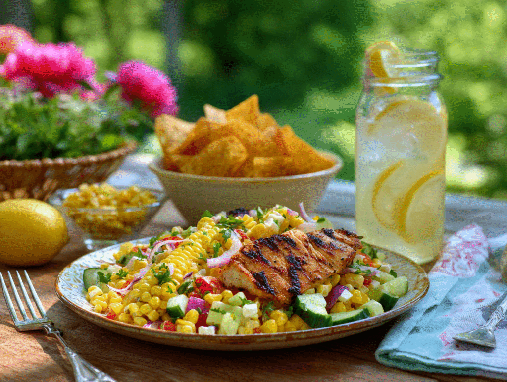 summer corn salad meal on outdoor table