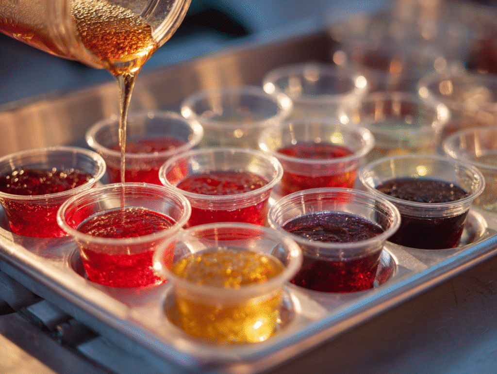 Pouring jello shot mix into mini cups