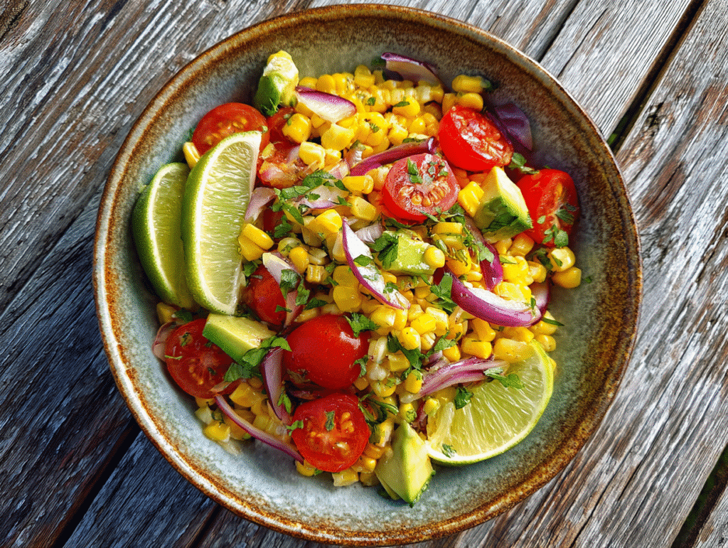 summer corn salad in rustic bowl with fresh ingredients