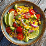summer corn salad in rustic bowl with fresh ingredients