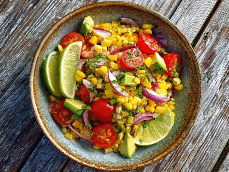 summer corn salad in rustic bowl with fresh ingredients