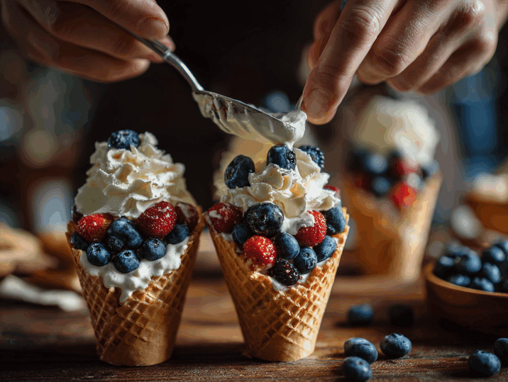 Assembling patriotic fruit cones