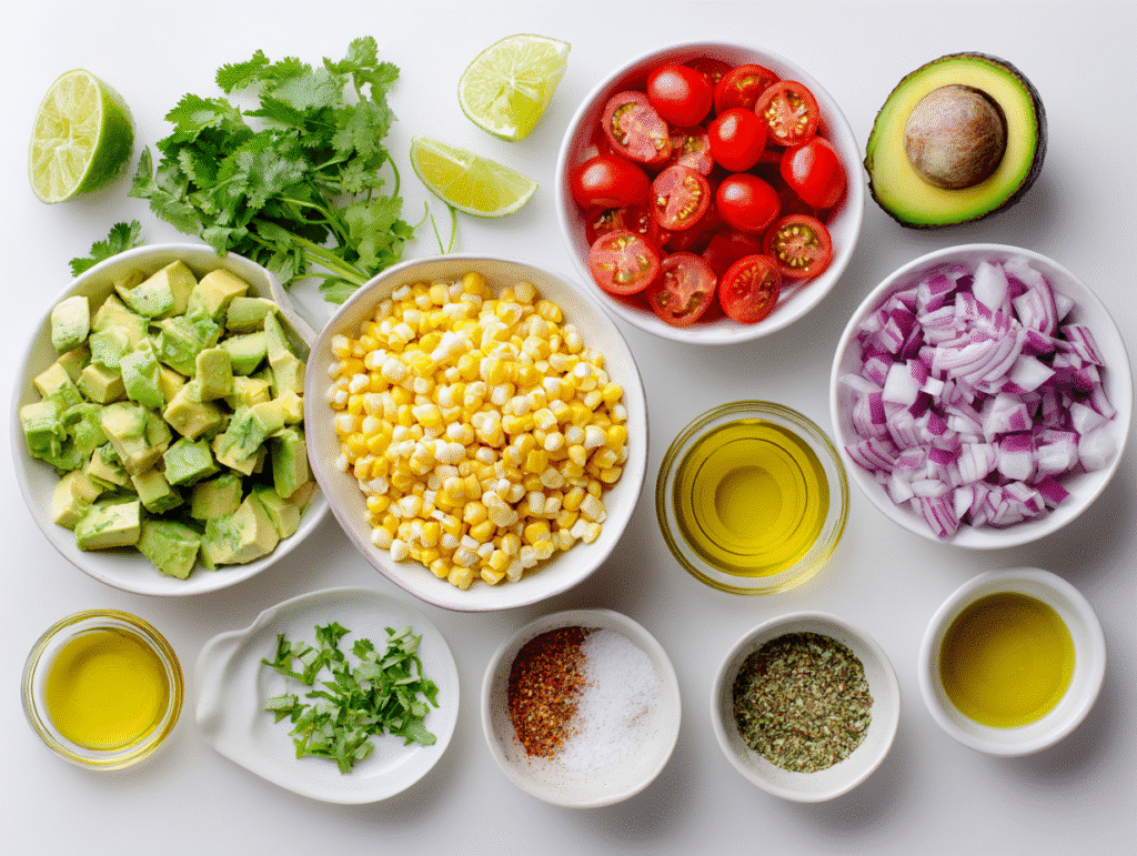 summer corn salad ingredients flat lay