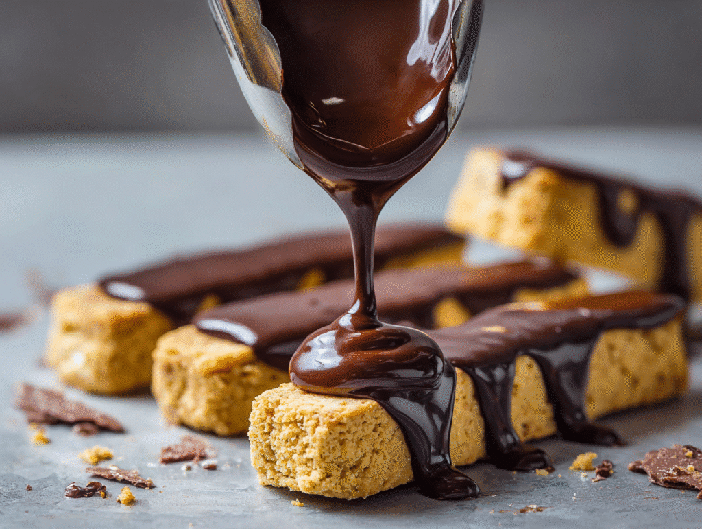 Dipping protein Twix bars in chocolate