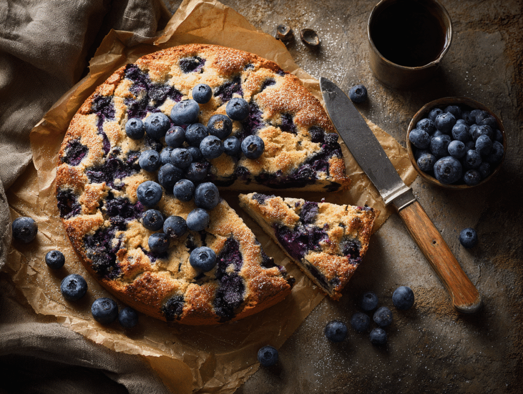 Buttermilk blueberry breakfast cake with golden crust