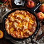 Fresh peach cobbler in a rustic skillet