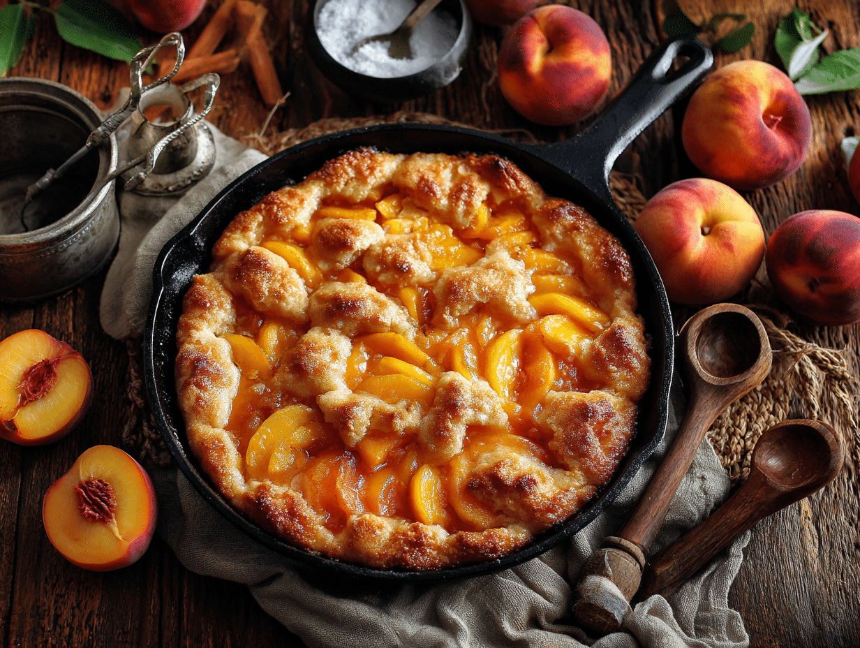 Fresh peach cobbler in a rustic skillet