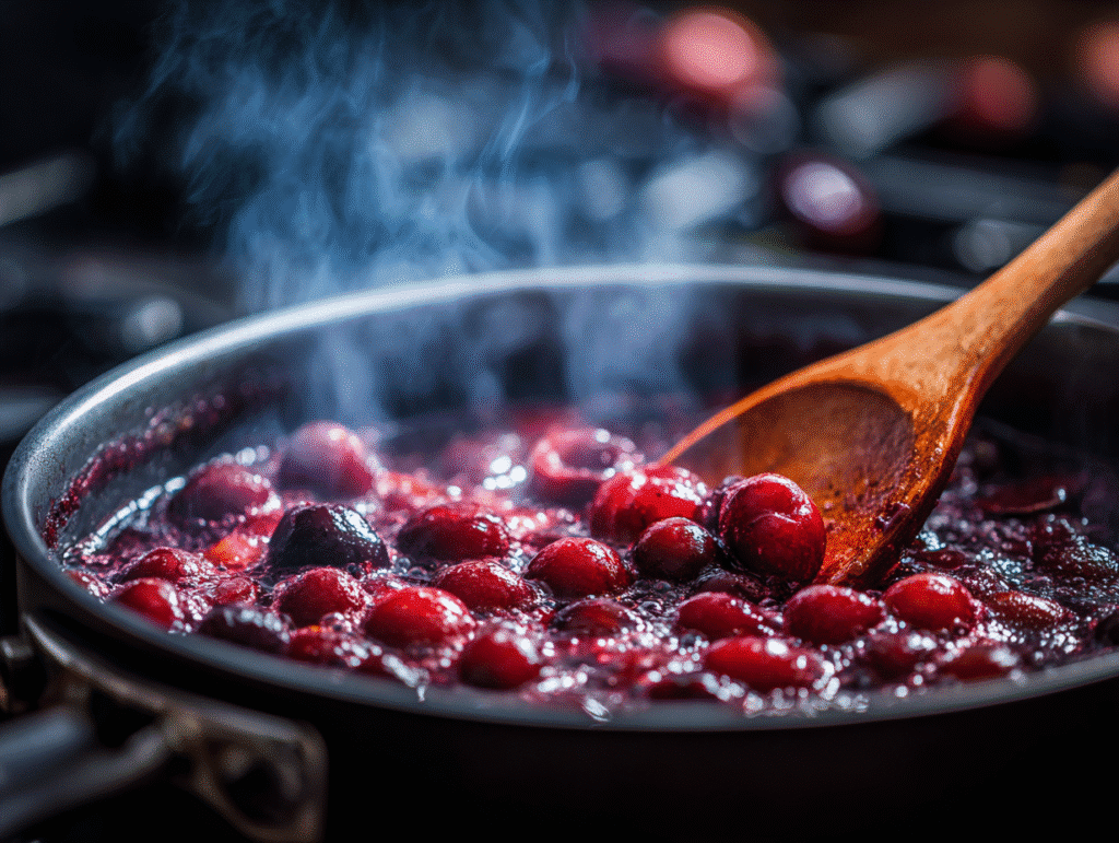 cooking sour cherry sauce on stove