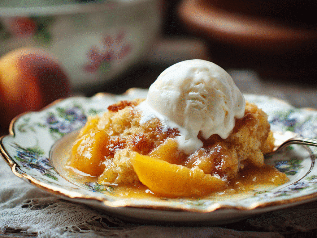Peach cobbler with vanilla ice cream