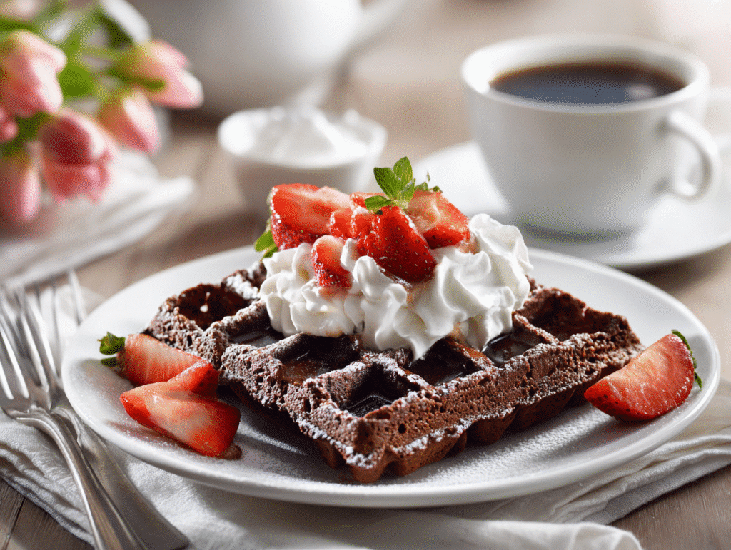 Brownie waffles served with berries and cream