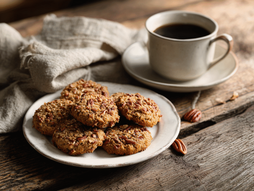 Served keto pecan cookies with coffee
