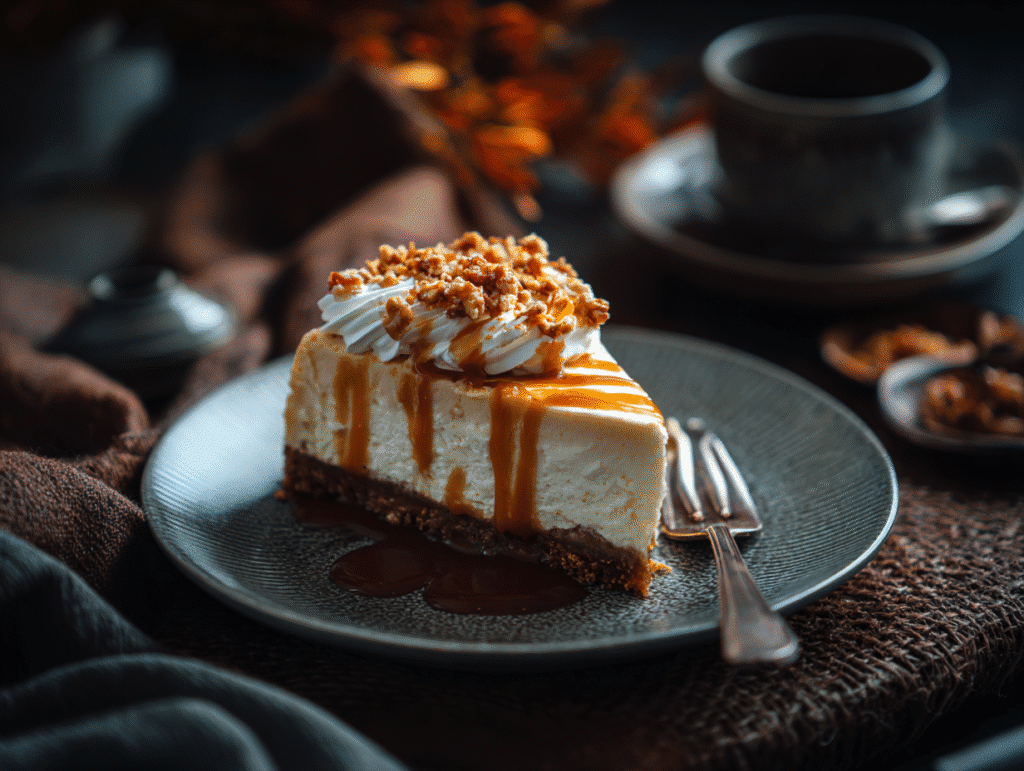 Served slice of loaded butterscotch cheesecake
