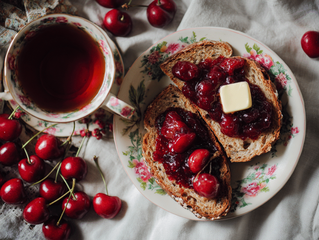 Cherry jam spread on toast with butter