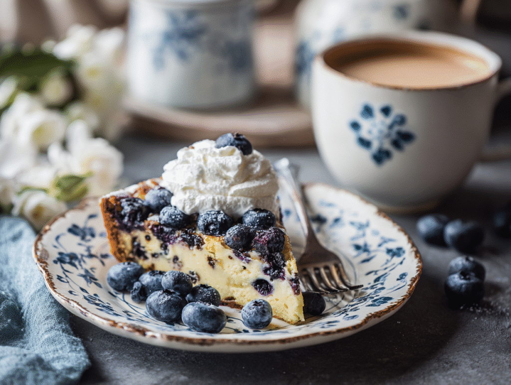 Slice of buttermilk blueberry cake with berries