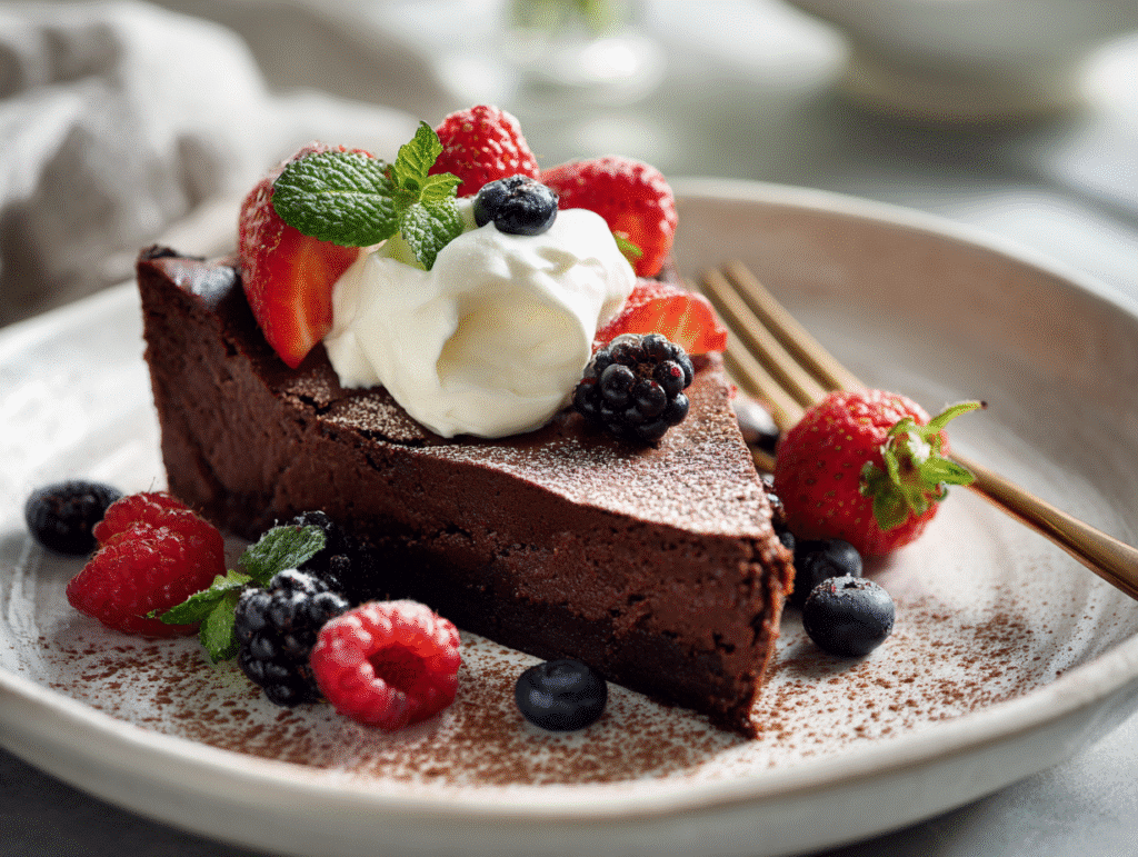 Served flourless keto chocolate cake slice