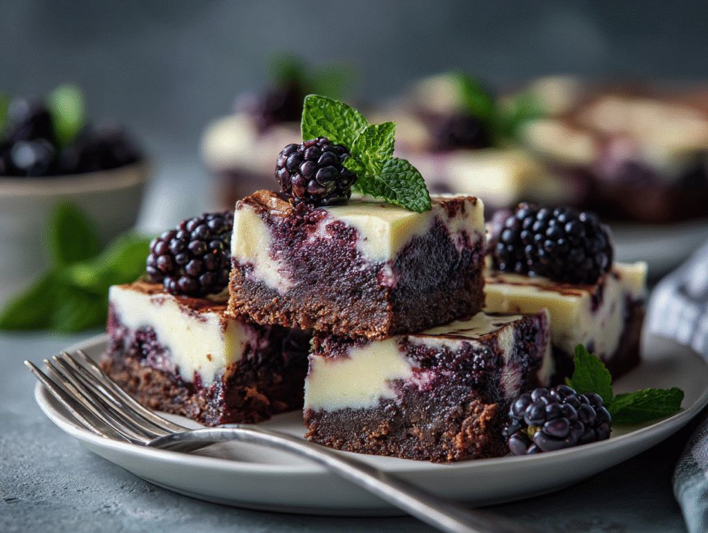 Sliced blackberry cheesecake brownies ready to serve