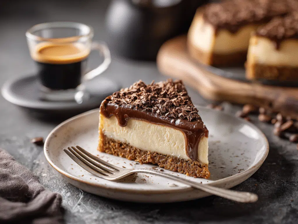 A slice of espresso cheesecake served with espresso