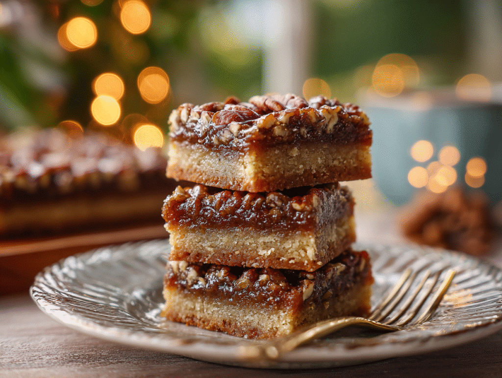 Sliced keto pecan pie bars ready to serve on dessert plate


