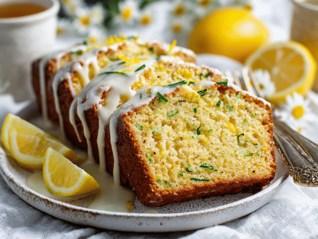Slices of lemon zucchini bread served with glaze
