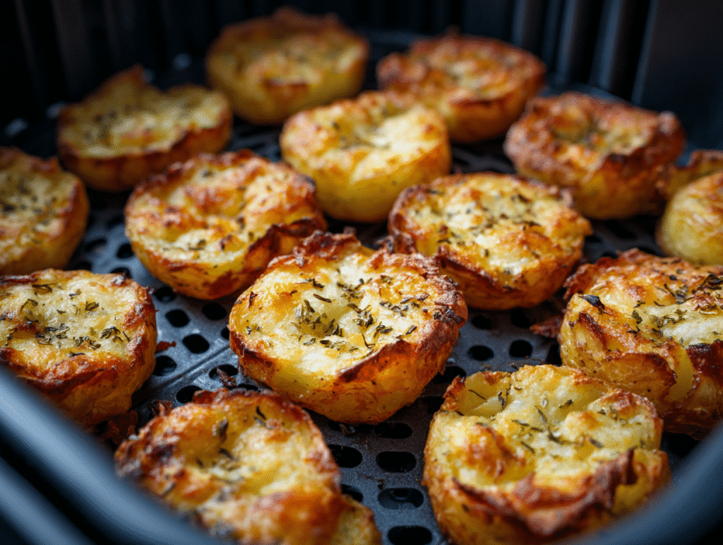 Crispy smashed potato salad served in rustic bowl with creamy dressing