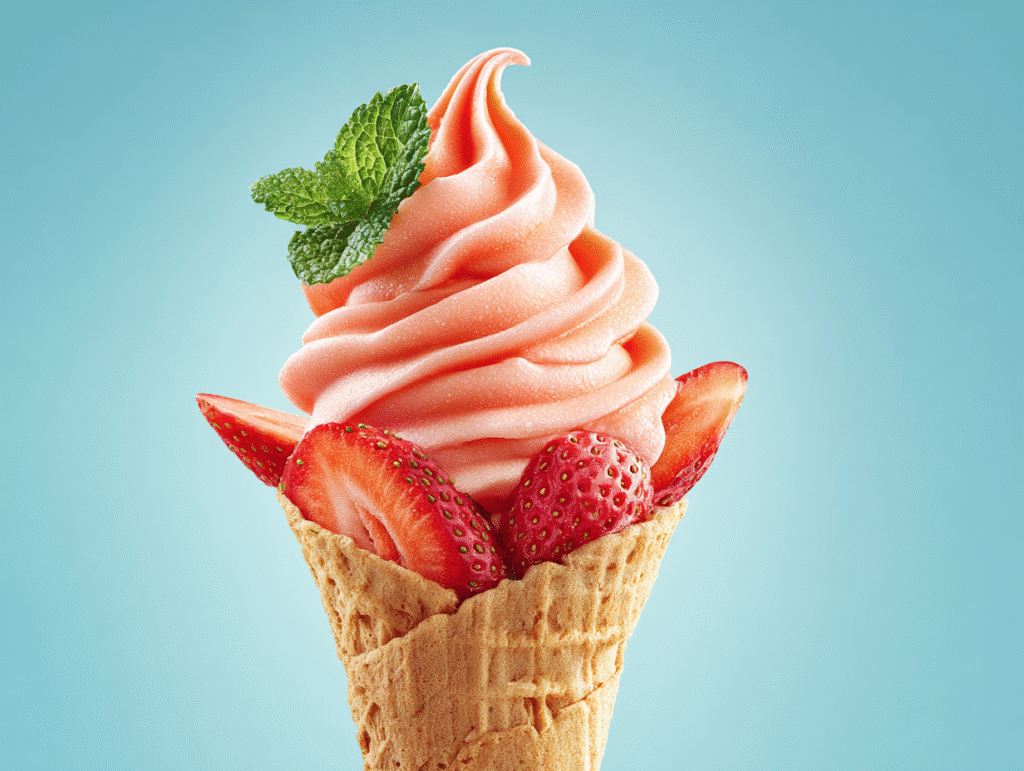 Strawberry Dole Whip in cone with mint