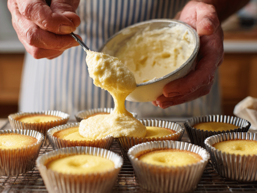 Muffin batter being added over flan