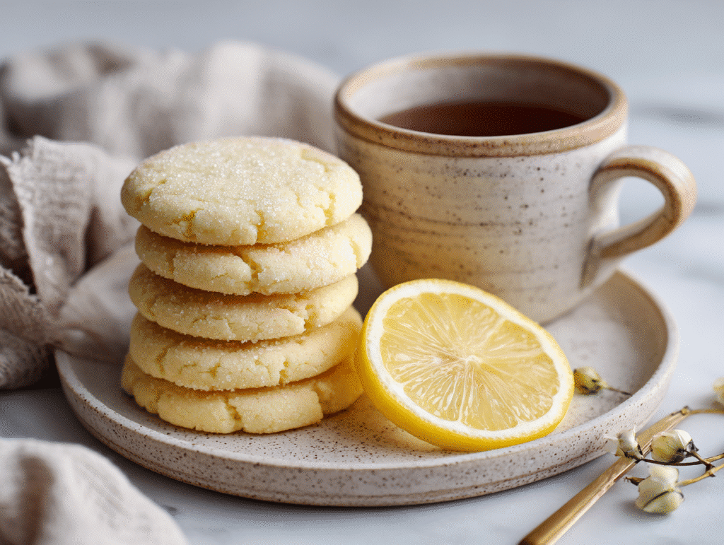 Stack of lemon sugar cookies with lemon and tea