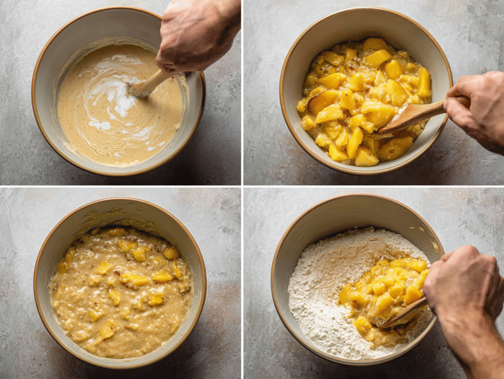 Mixing peach bread batter with chopped peachesMixing peach bread batter with chopped peaches