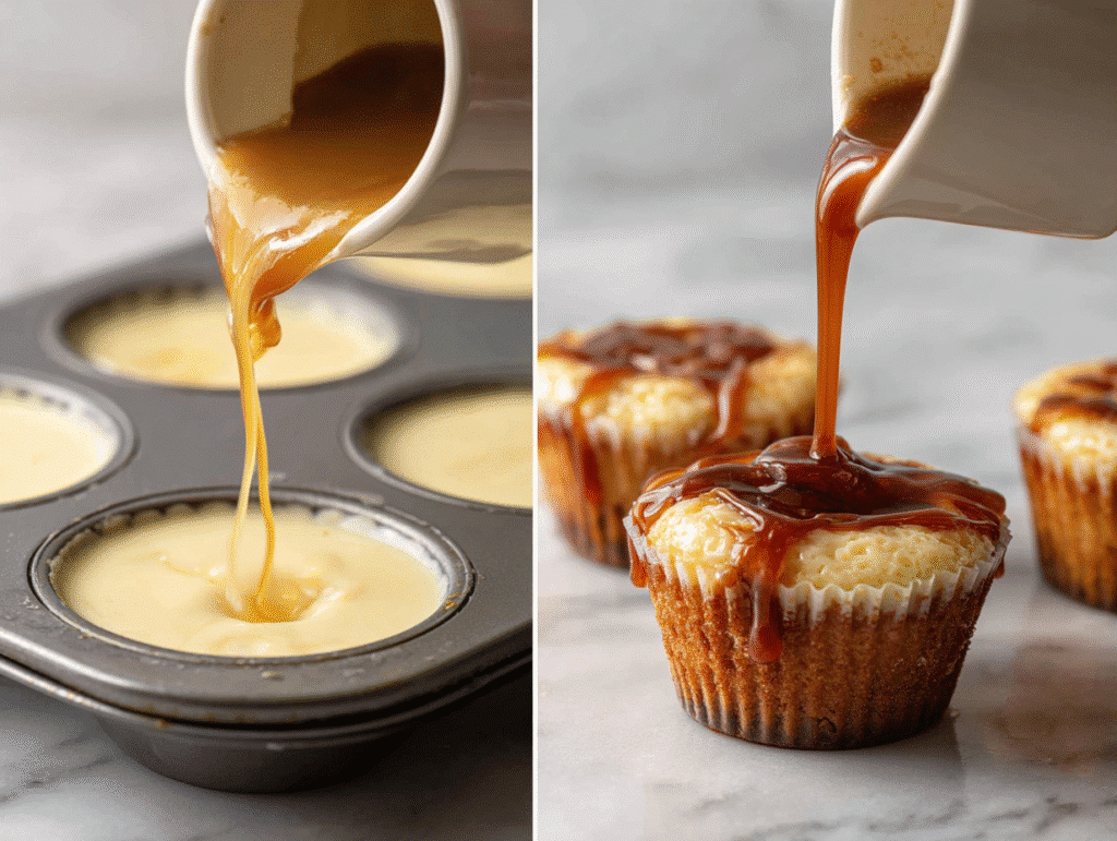 Pouring flan and caramel layers in muffin tin