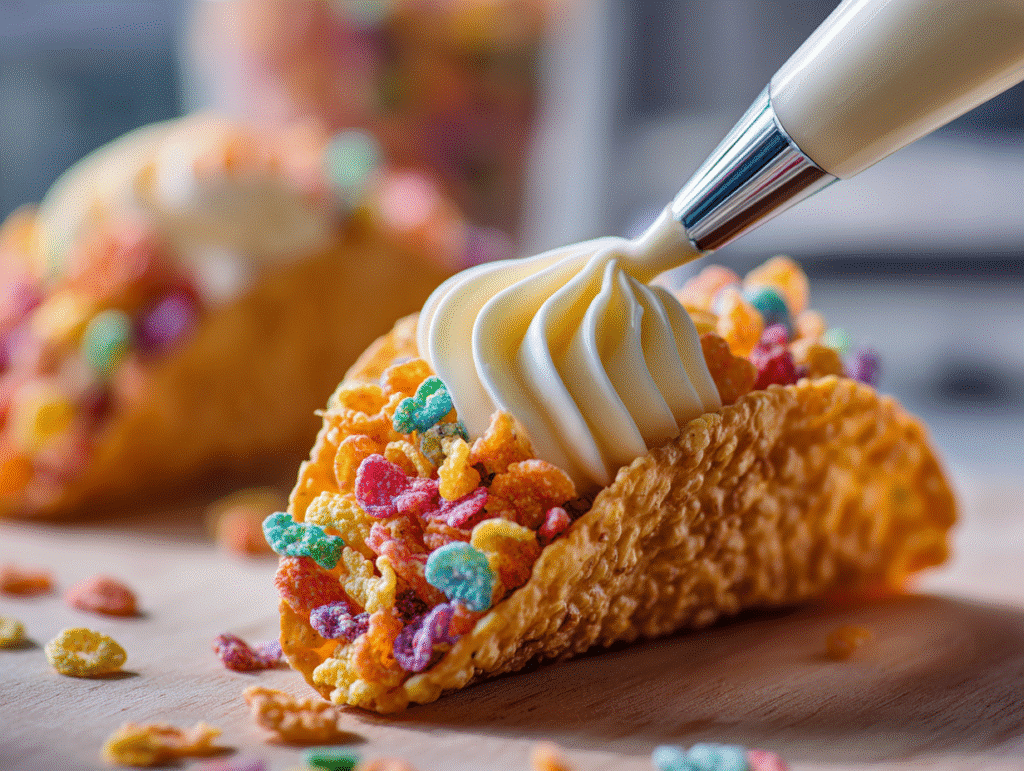 Assembling Fruity Pebbles Cheesecake Tacos with piping bag