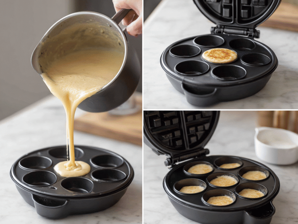 Pouring chaffle batter into waffle maker