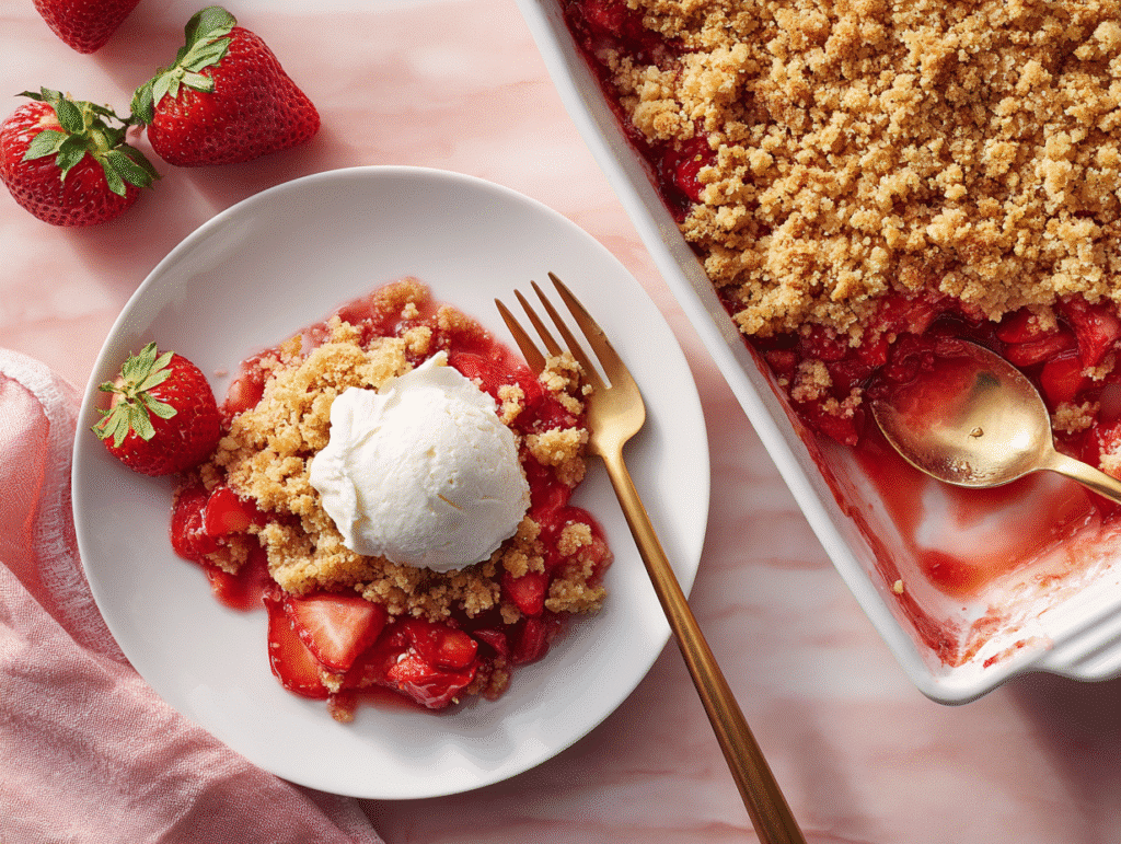 Slice of Strawberry Cheesecake Dump Cake served with whipped cream